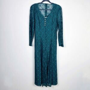 Womens Vintage Lace Maxi Dress Green Dark Fairy Whimsigoth Forest Romantic Sz XL